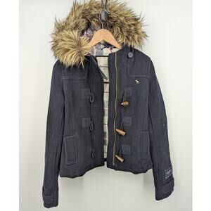 Abercrombie & Fitch Navy Wool Blend Duffle Coat Toggle Closure Faux Fur Hood XL